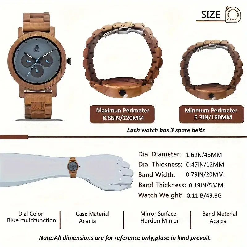 Wooden Wrist Watch with Date/Week Display – Unisex Natural Design for Everyday Wear ⌚