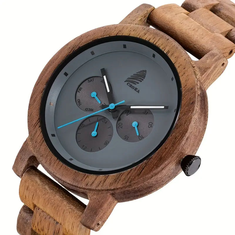 Wooden Wrist Watch with Date/Week Display – Unisex Natural Design for Everyday Wear ⌚