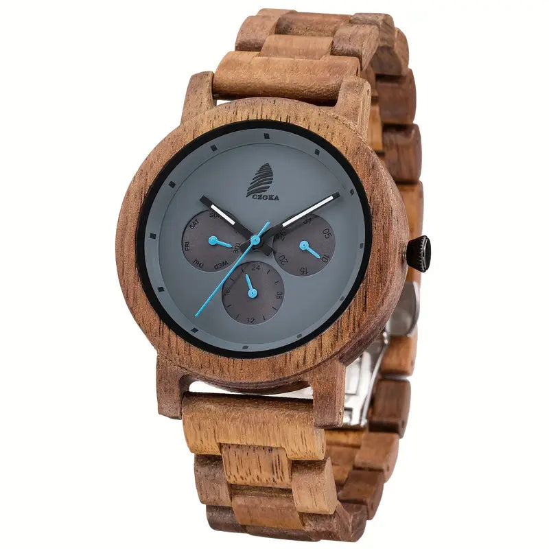 Wooden Wrist Watch with Date/Week Display – Unisex Natural Design for Everyday Wear ⌚